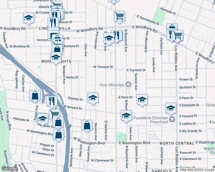 map of restaurants, bars, coffee shops, grocery stores, and more near 1750 El Sereno Avenue in Pasadena