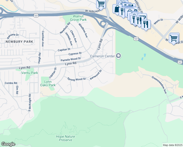 map of restaurants, bars, coffee shops, grocery stores, and more near 659 Blue Oak Avenue in Thousand Oaks