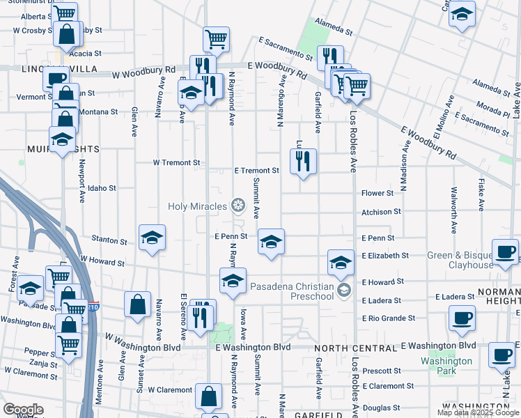 map of restaurants, bars, coffee shops, grocery stores, and more near 1750 Summit Avenue in Pasadena