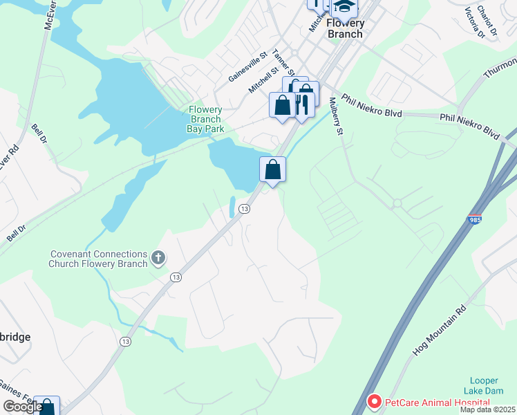map of restaurants, bars, coffee shops, grocery stores, and more near 5627 Parkview Lane in Flowery Branch
