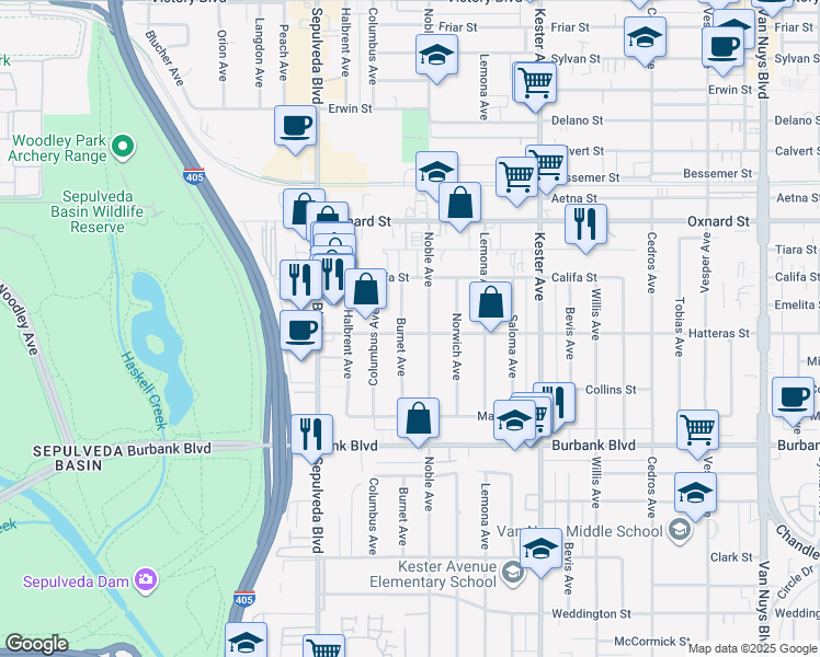 map of restaurants, bars, coffee shops, grocery stores, and more near 5802 Burnet Avenue in Los Angeles