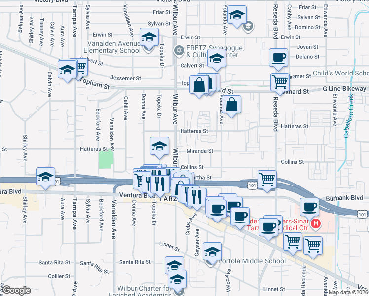 map of restaurants, bars, coffee shops, grocery stores, and more near 18827 Miranda Street in Los Angeles