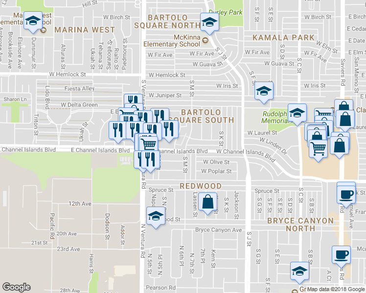 map of restaurants, bars, coffee shops, grocery stores, and more near 1201 West Channel Islands Boulevard in Oxnard