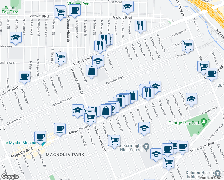 map of restaurants, bars, coffee shops, grocery stores, and more near 825 North Keystone Street in Burbank