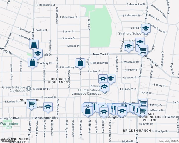 map of restaurants, bars, coffee shops, grocery stores, and more near North Hill Avenue & Atchison Street in Pasadena