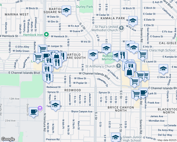 map of restaurants, bars, coffee shops, grocery stores, and more near 2610 Jackson Street in Oxnard