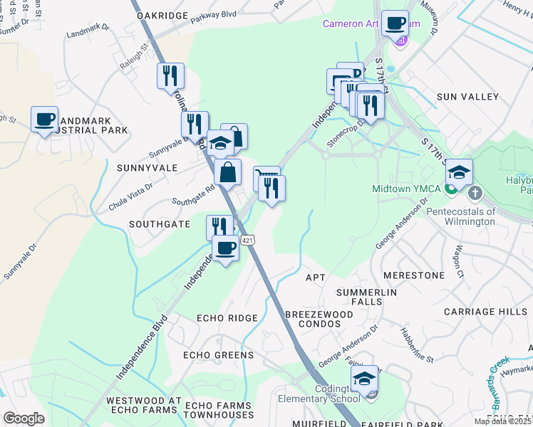 map of restaurants, bars, coffee shops, grocery stores, and more near 3905 Independence Boulevard in Wilmington