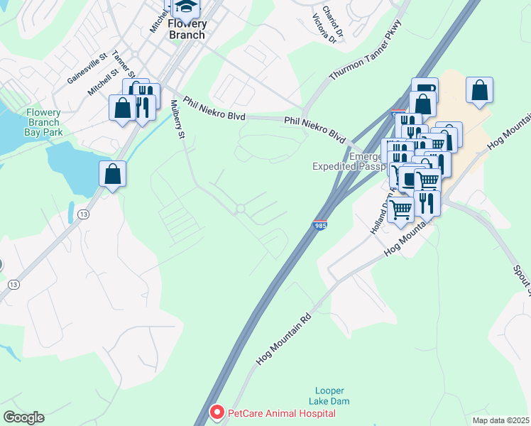 map of restaurants, bars, coffee shops, grocery stores, and more near 5816 Bradshaw Court in Flowery Branch