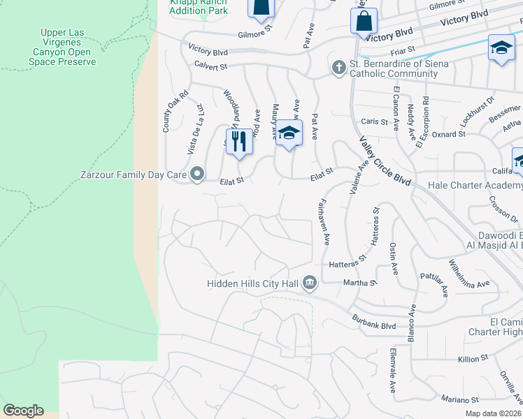 map of restaurants, bars, coffee shops, grocery stores, and more near 6049 John Muir Road in Hidden Hills