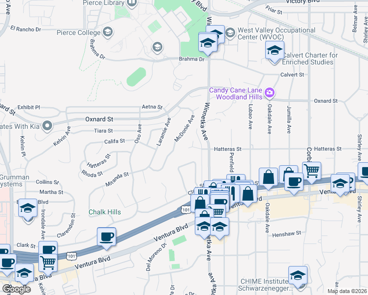 map of restaurants, bars, coffee shops, grocery stores, and more near 5806 McDonie Avenue in Los Angeles
