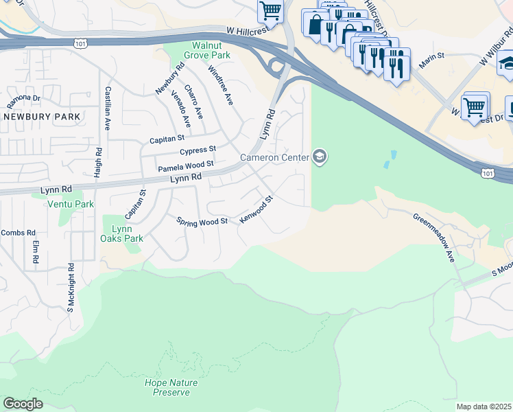 map of restaurants, bars, coffee shops, grocery stores, and more near 632 White Oak Lane in Thousand Oaks