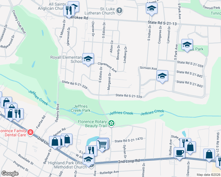 map of restaurants, bars, coffee shops, grocery stores, and more near 1214 State Road S-21-865 in Florence