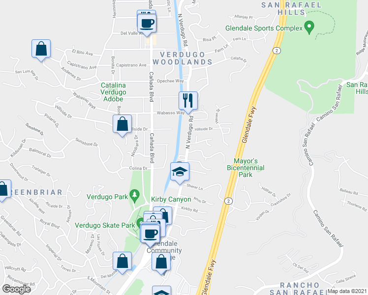 map of restaurants, bars, coffee shops, grocery stores, and more near 1841 North Verdugo Road in Glendale