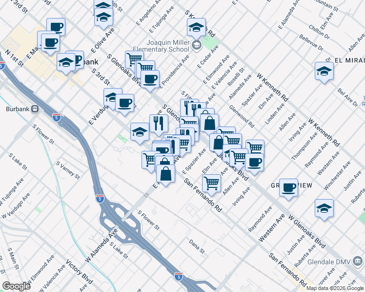 map of restaurants, bars, coffee shops, grocery stores, and more near 303 East Alameda Avenue in Burbank