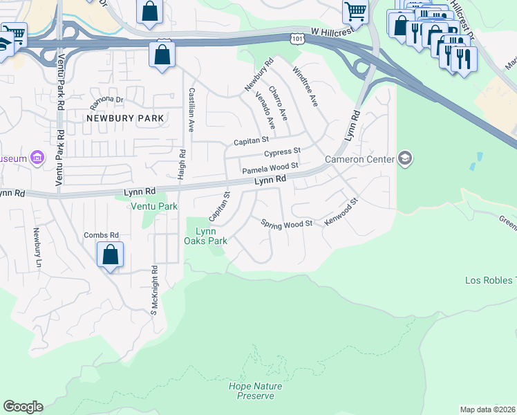 map of restaurants, bars, coffee shops, grocery stores, and more near 228 Poplar Crest Avenue in Thousand Oaks
