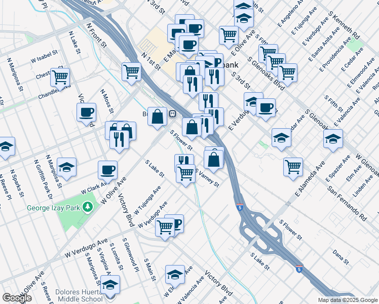 map of restaurants, bars, coffee shops, grocery stores, and more near 255 South Flower Street in Burbank
