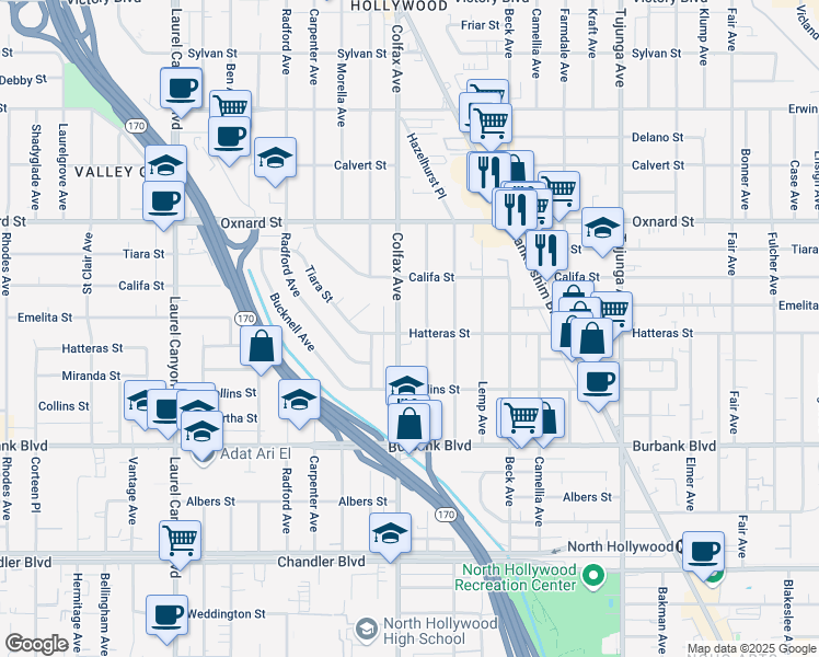 map of restaurants, bars, coffee shops, grocery stores, and more near 11685 Hatteras Street in Los Angeles