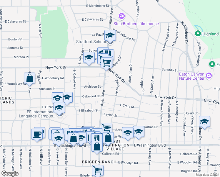 map of restaurants, bars, coffee shops, grocery stores, and more near 1896 Hanford Drive in Pasadena