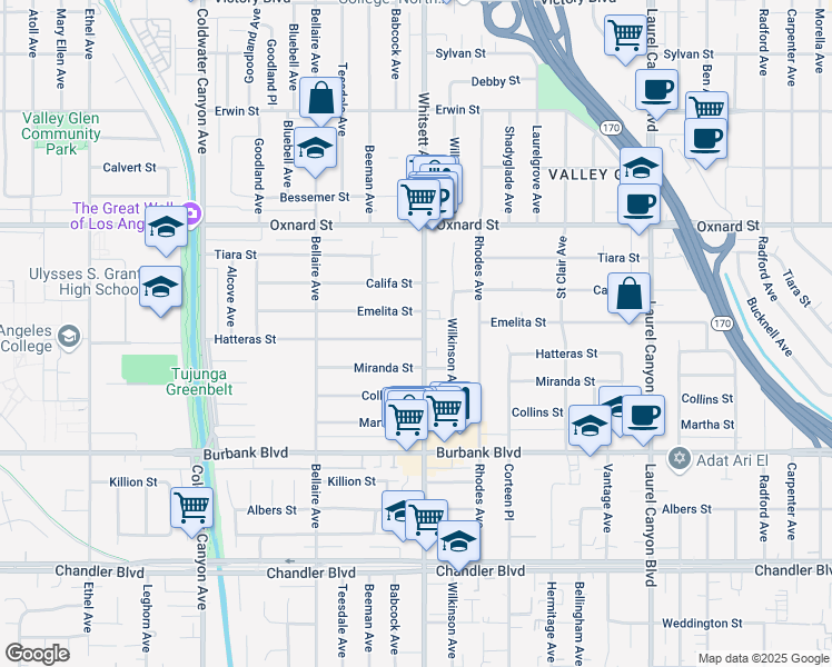 map of restaurants, bars, coffee shops, grocery stores, and more near 5805 Whitsett Avenue in Los Angeles