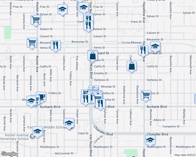 map of restaurants, bars, coffee shops, grocery stores, and more near 14429 Hatteras Street in Los Angeles