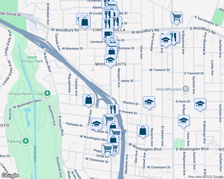 map of restaurants, bars, coffee shops, grocery stores, and more near 1748 Lincoln Avenue in Pasadena
