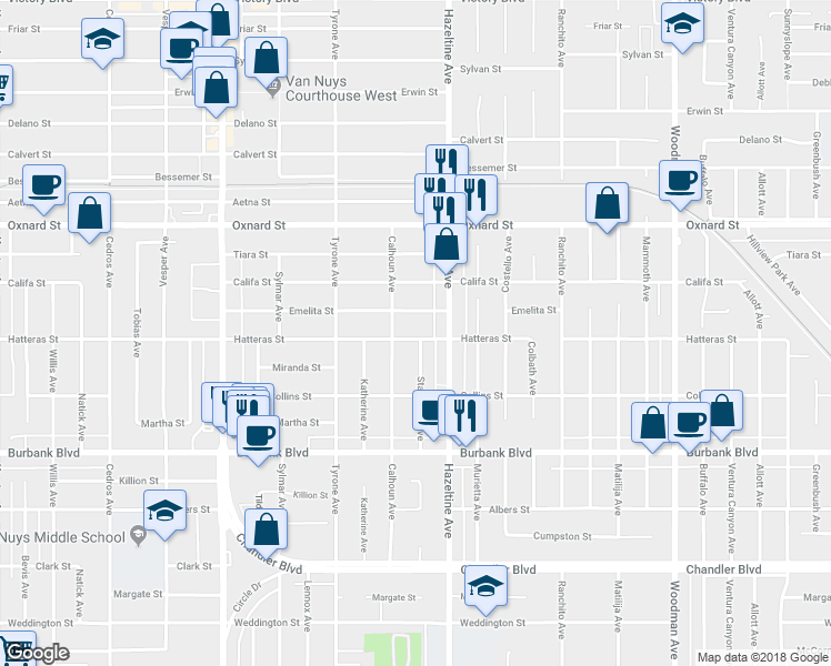 map of restaurants, bars, coffee shops, grocery stores, and more near 14135 Hatteras Street in Los Angeles