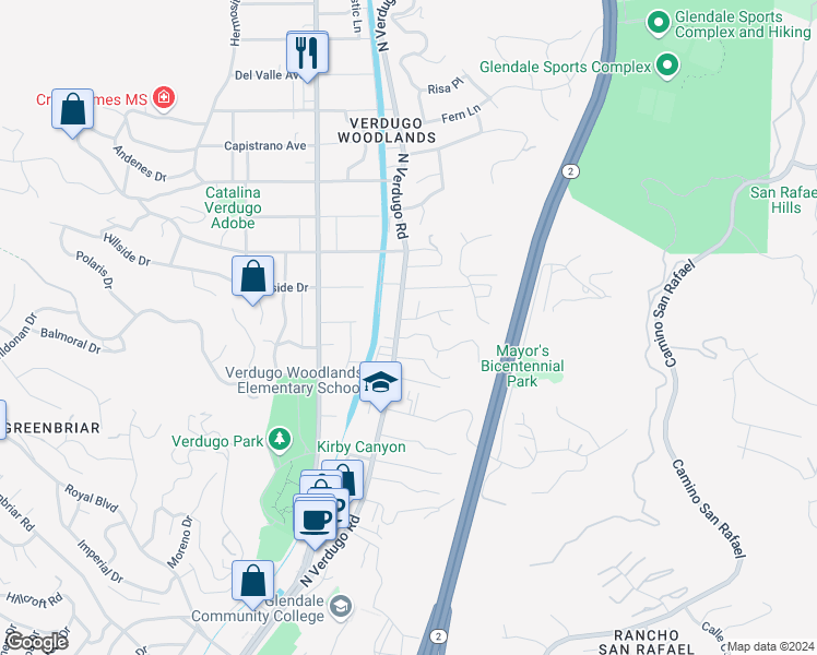 map of restaurants, bars, coffee shops, grocery stores, and more near 1804 Tamerlane Drive in Glendale