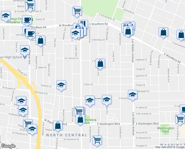 map of restaurants, bars, coffee shops, grocery stores, and more near 1752 North Raymond Avenue in Pasadena