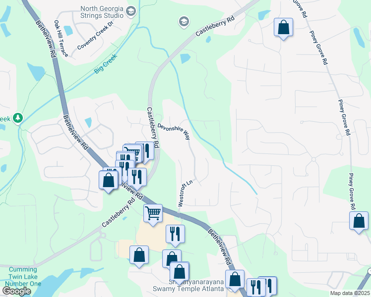 map of restaurants, bars, coffee shops, grocery stores, and more near 5670 Devonshire Way in Cumming