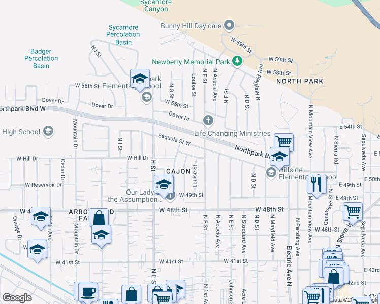 map of restaurants, bars, coffee shops, grocery stores, and more near 656 West 52nd Street in San Bernardino