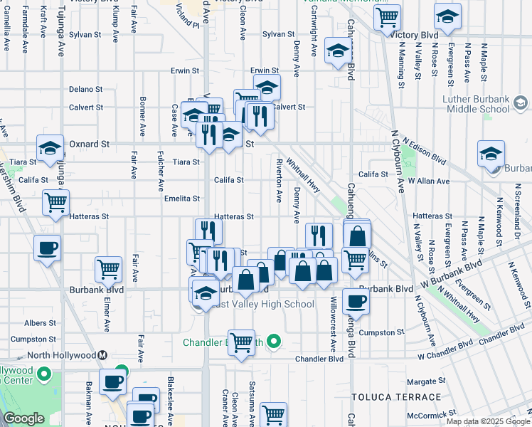 map of restaurants, bars, coffee shops, grocery stores, and more near 5804 Satsuma Avenue in Los Angeles