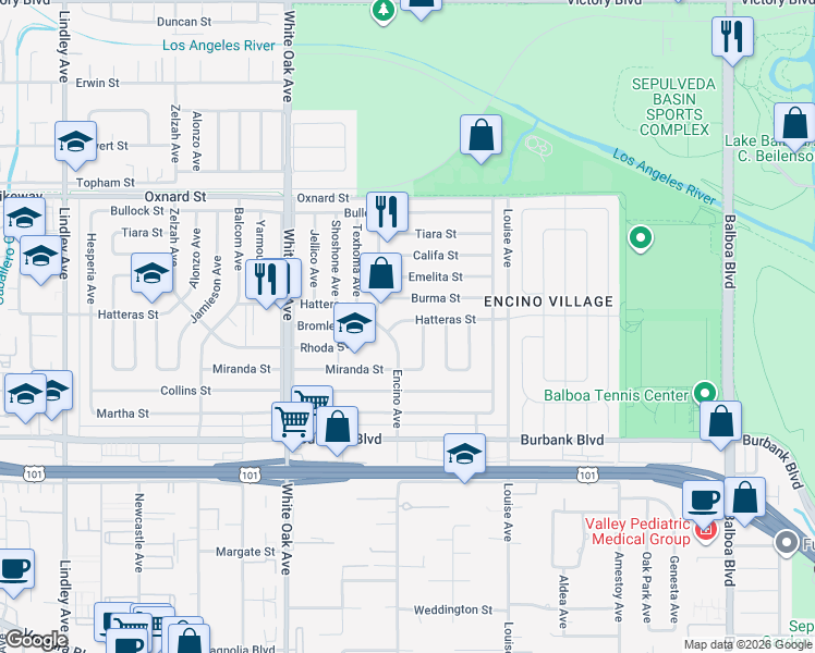map of restaurants, bars, coffee shops, grocery stores, and more near 17446 Hatteras Street in Los Angeles