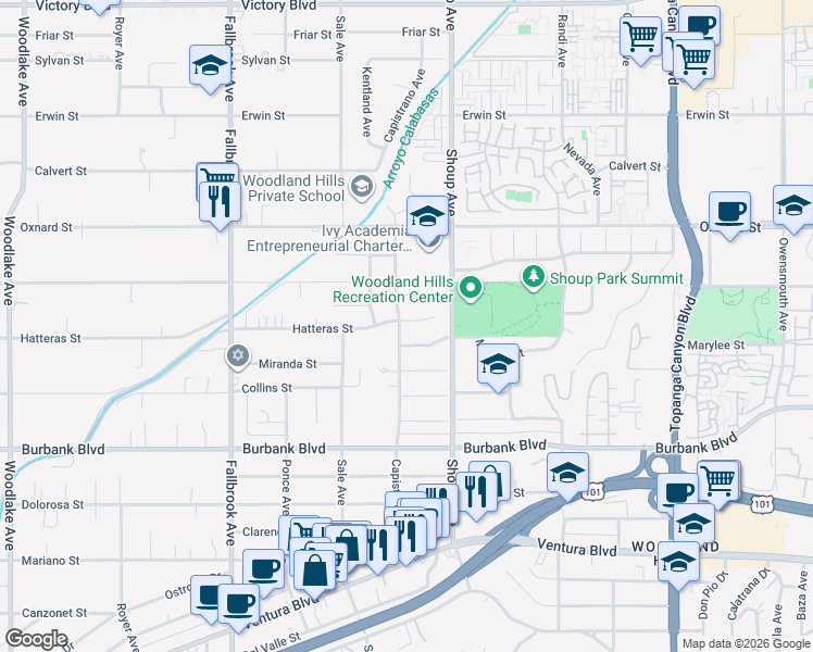 map of restaurants, bars, coffee shops, grocery stores, and more near 22450 Hatteras Street in Los Angeles