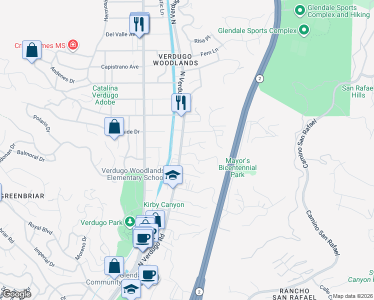 map of restaurants, bars, coffee shops, grocery stores, and more near 1804 Tamerlane Drive in Glendale