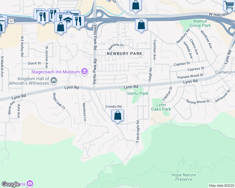 map of restaurants, bars, coffee shops, grocery stores, and more near 156 Maple Road in Thousand Oaks