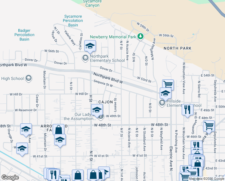 map of restaurants, bars, coffee shops, grocery stores, and more near 656 West 52nd Street in San Bernardino