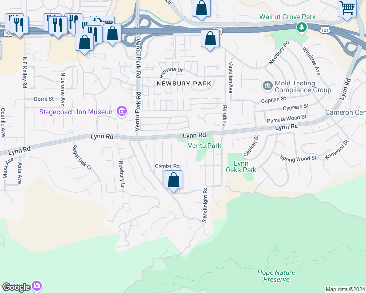 map of restaurants, bars, coffee shops, grocery stores, and more near 2 Midbury Hill Road in Ventura County