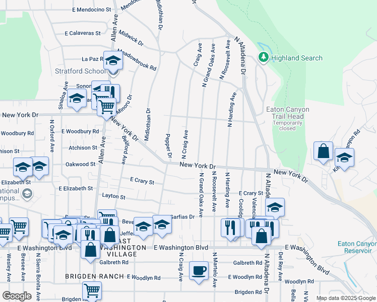 map of restaurants, bars, coffee shops, grocery stores, and more near 1736 North Craig Avenue in Altadena