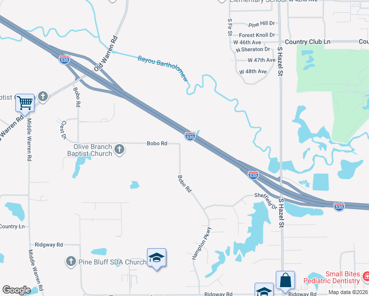 map of restaurants, bars, coffee shops, grocery stores, and more near 5335 Bobo Road in Pine Bluff