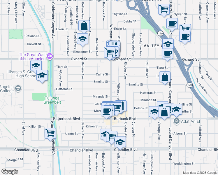 map of restaurants, bars, coffee shops, grocery stores, and more near 5805 Whitsett Avenue in Los Angeles