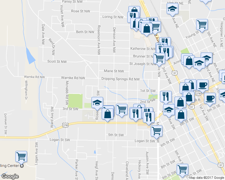 map of restaurants, bars, coffee shops, grocery stores, and more near 1405 1st Street Southwest in Cullman