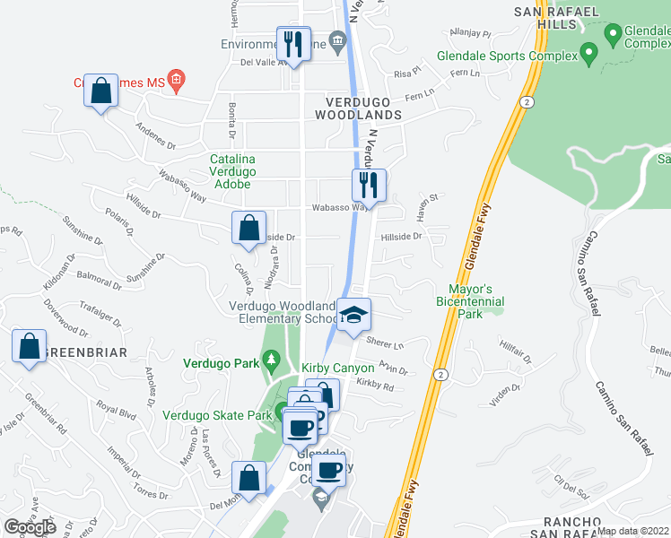 map of restaurants, bars, coffee shops, grocery stores, and more near 1844 Colina Drive in Glendale