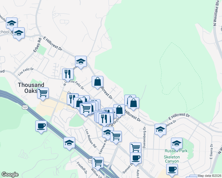 map of restaurants, bars, coffee shops, grocery stores, and more near 351 Westlake Vista Lane in Thousand Oaks