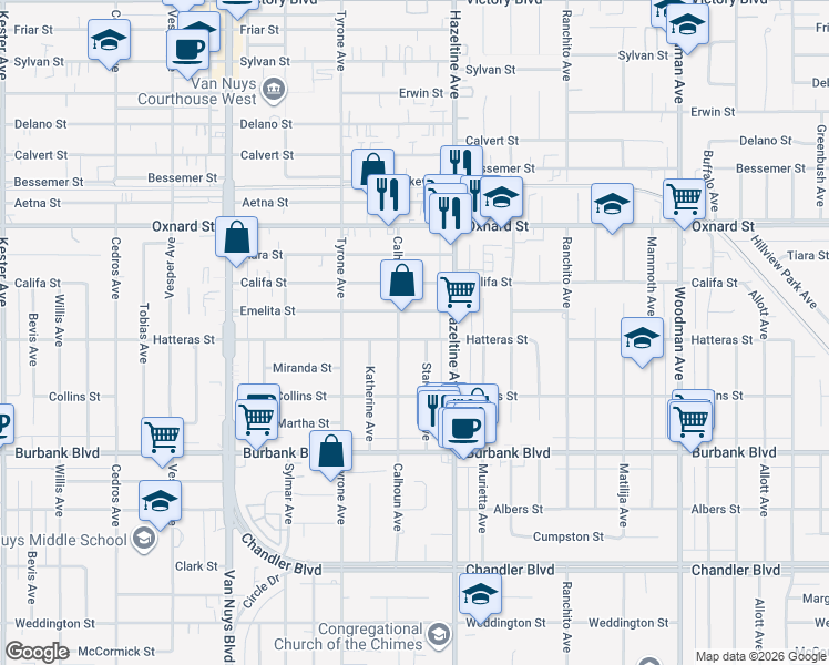 map of restaurants, bars, coffee shops, grocery stores, and more near 14143 Hatteras Street in Los Angeles