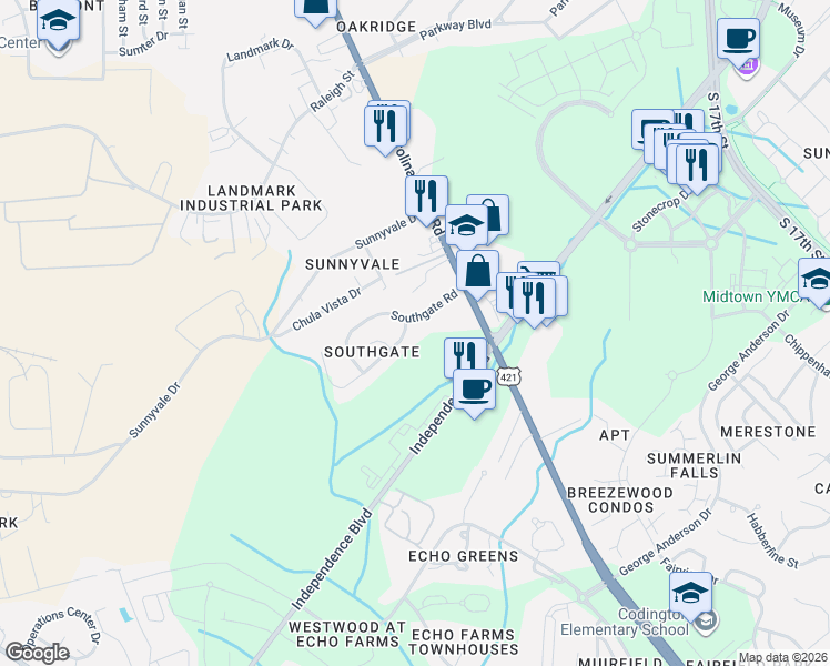 map of restaurants, bars, coffee shops, grocery stores, and more near 141 Southgate Road in Wilmington