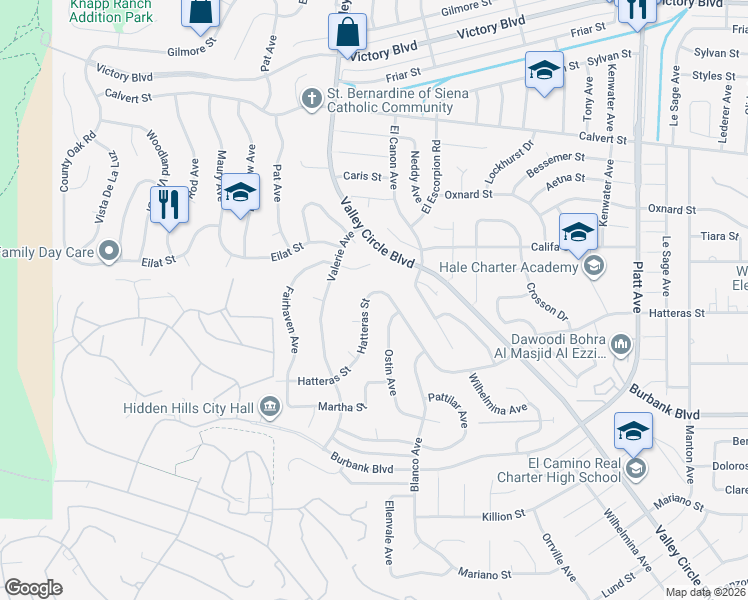 map of restaurants, bars, coffee shops, grocery stores, and more near 24256 Hatteras St in Los Angeles