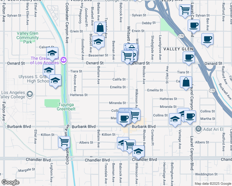 map of restaurants, bars, coffee shops, grocery stores, and more near 12549 Hatteras Street in Los Angeles