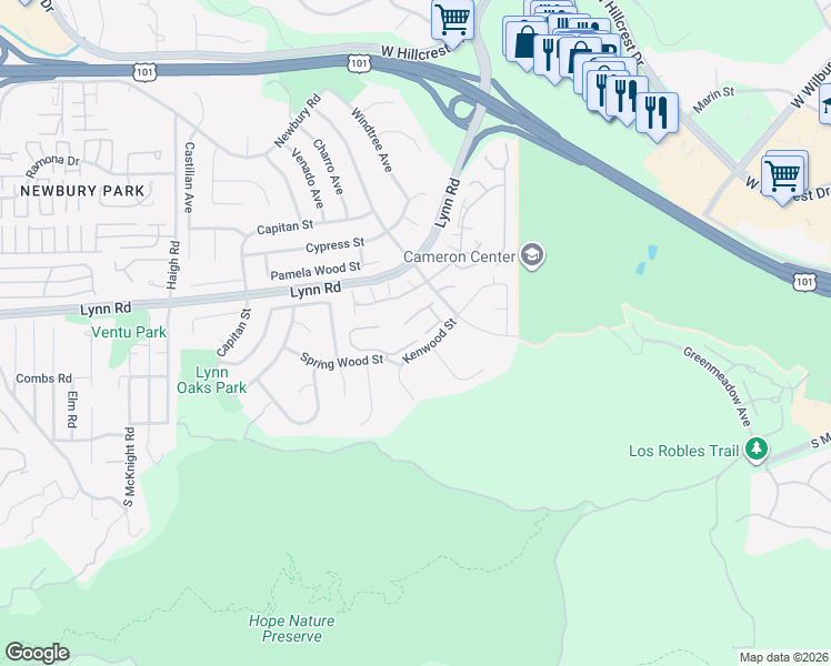 map of restaurants, bars, coffee shops, grocery stores, and more near 647 Blue Oak Avenue in Thousand Oaks