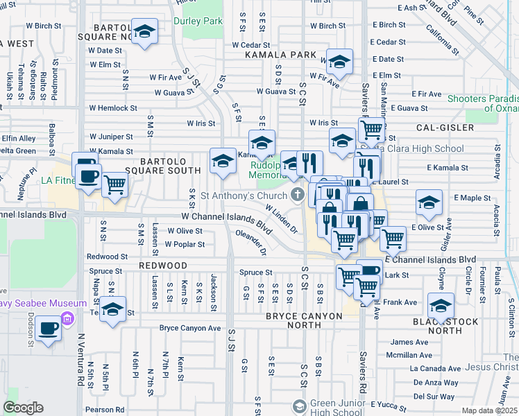 map of restaurants, bars, coffee shops, grocery stores, and more near 630 West Linden Drive in Oxnard