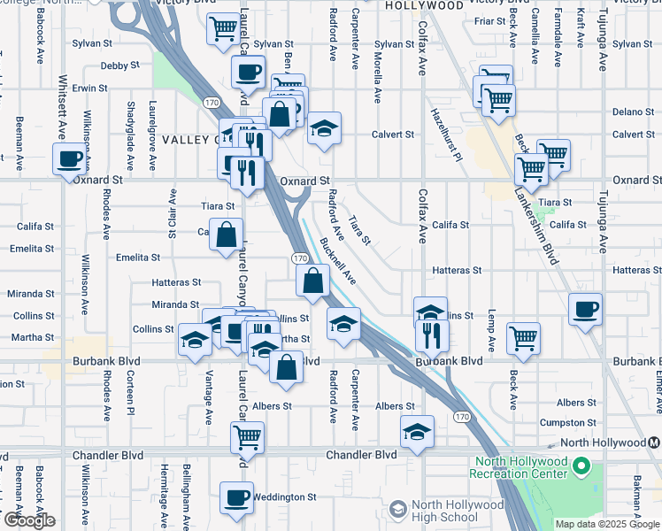map of restaurants, bars, coffee shops, grocery stores, and more near 5805 Bucknell Avenue in Los Angeles